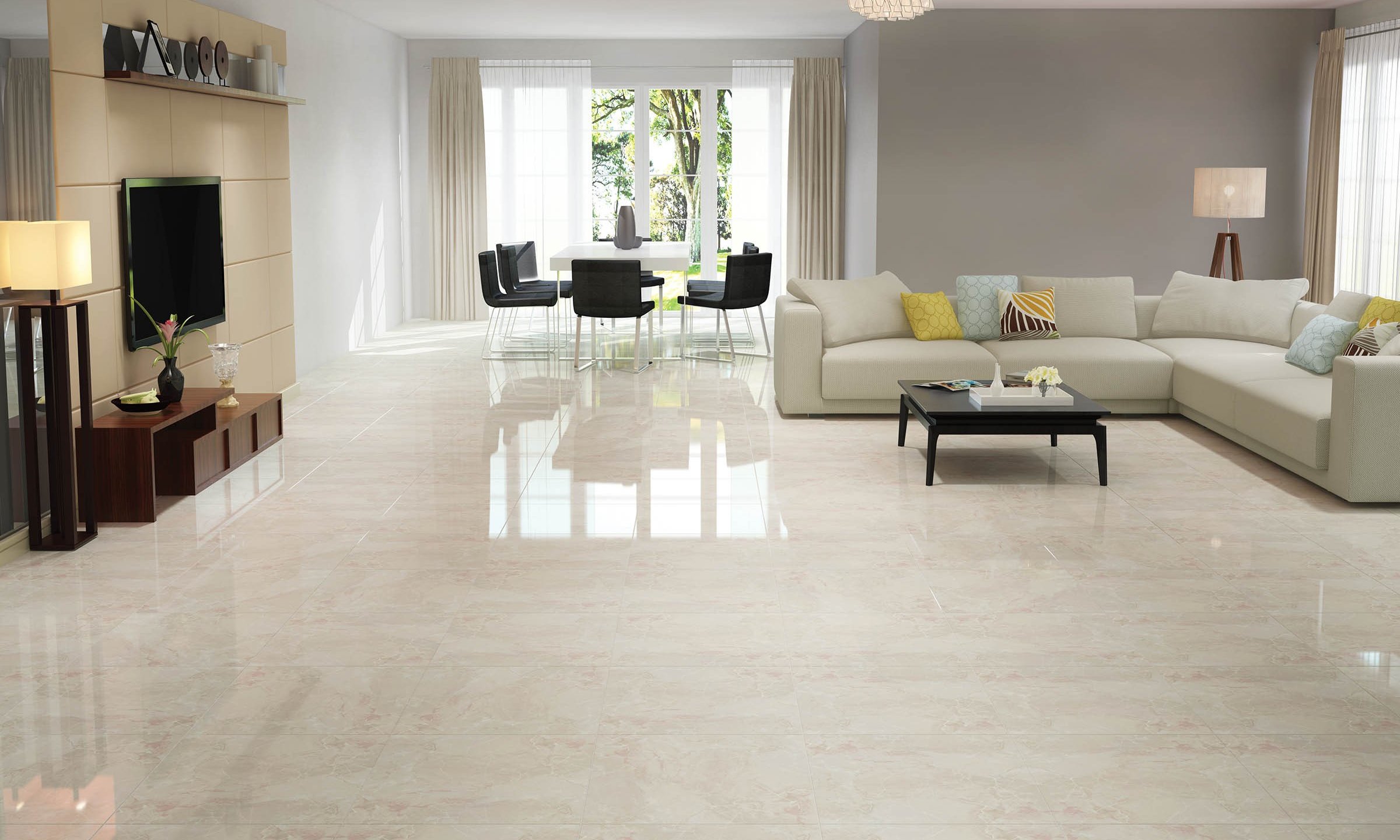gallery-05 A modern living room with a shiny, light-colored ceramic tile floor and a large white sectional sofa.